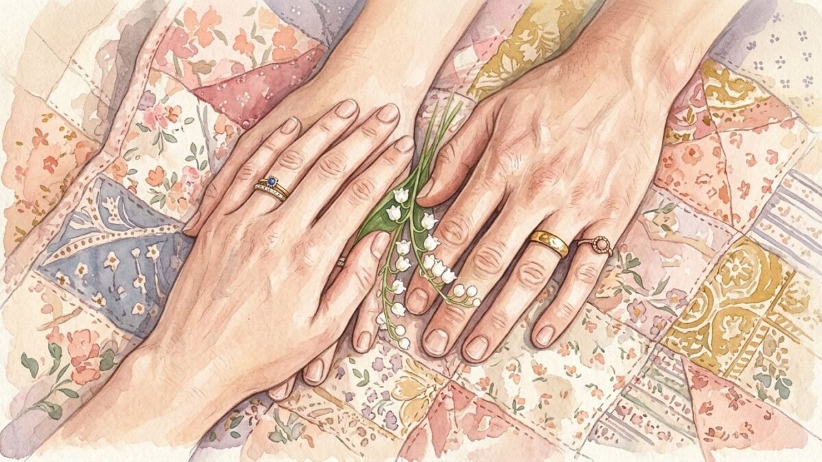 Two hands with rings resting on a quilt, a sprig of lily of the valley between them, soft watercolour illustration