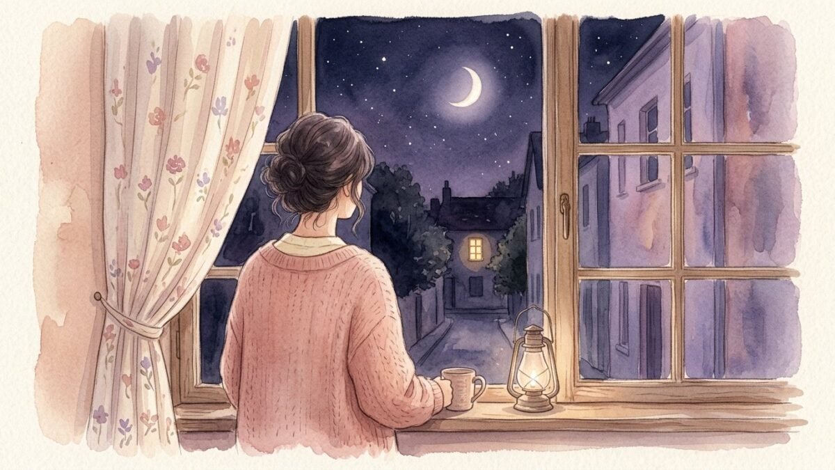 A woman seen from behind at a window at night, a crescent moon and a single lit window across the street, soft watercolour illustration