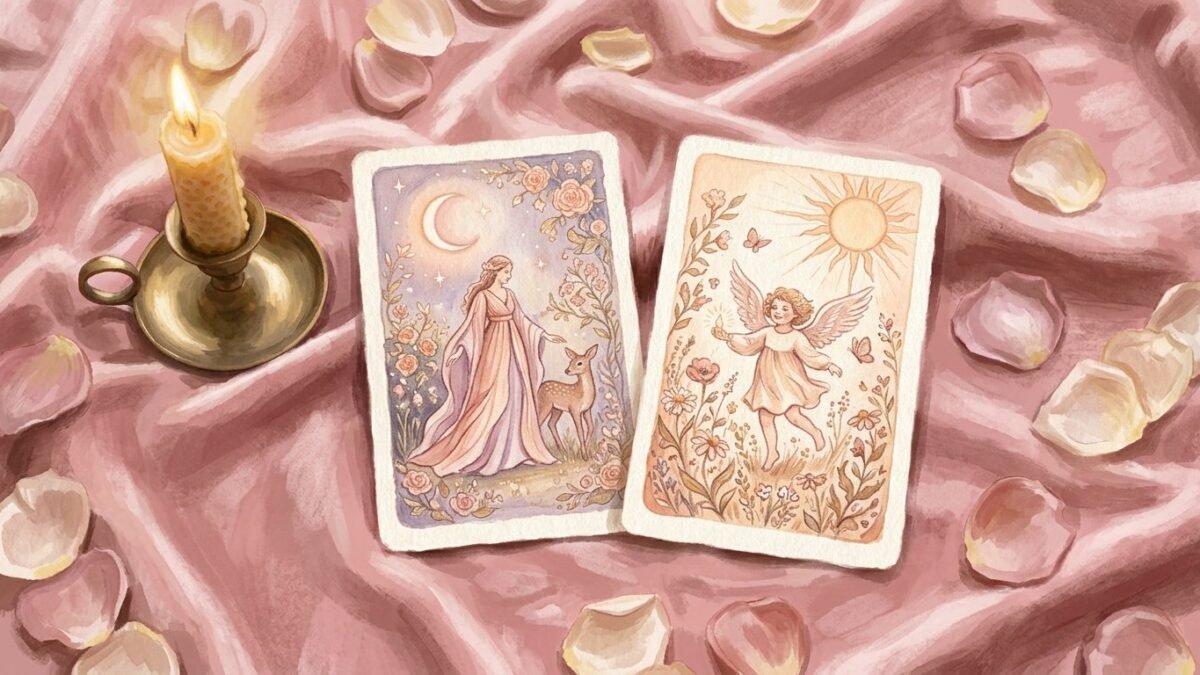 Two tarot cards side by side on a pink velvet cloth with rose petals and a candle, soft watercolour illustration