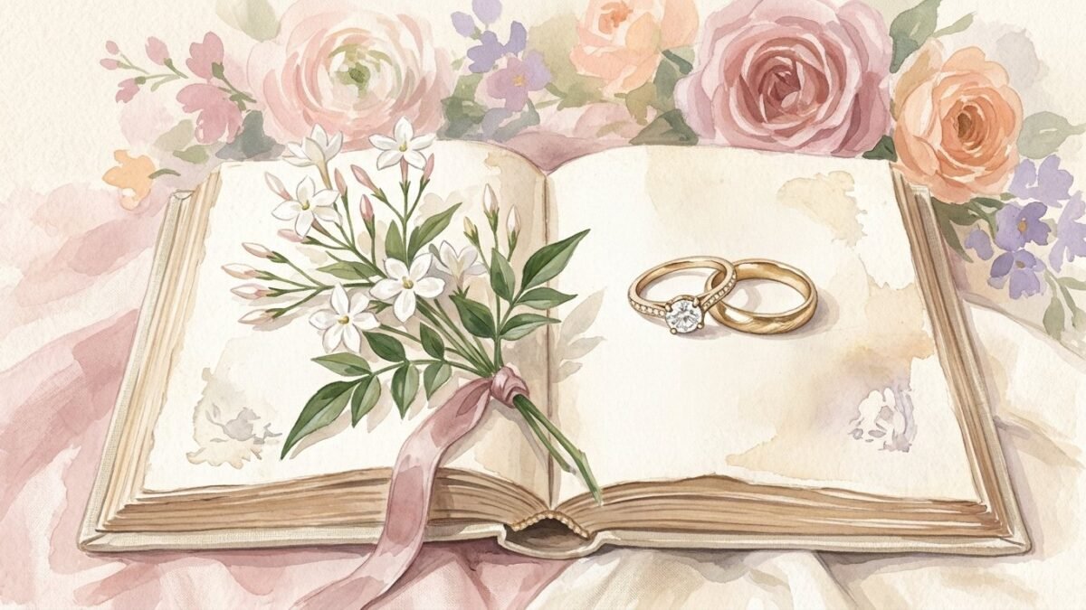 Two wedding rings resting on an open book of poems with a sprig of white flowers, soft watercolour illustration