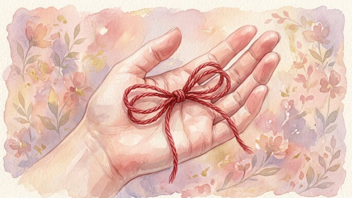 Two red threads woven together into a bow on an open palm, soft watercolour illustration