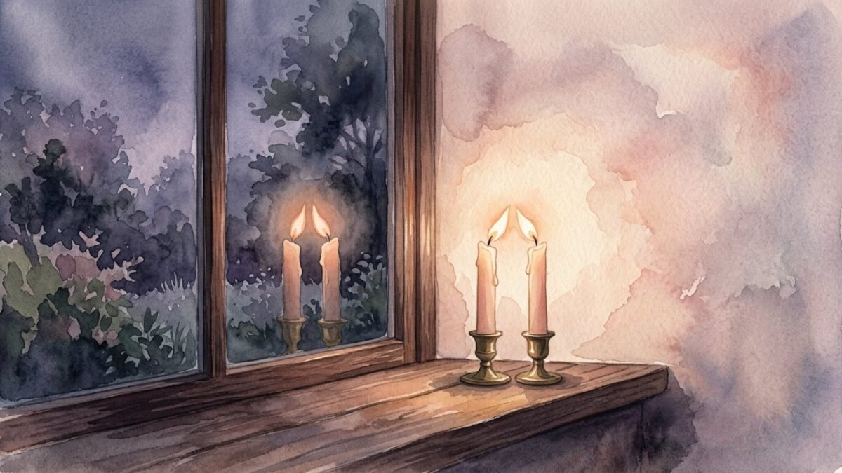 Two candle flames leaning toward each other in the dark, reflected in a window, soft watercolour illustration