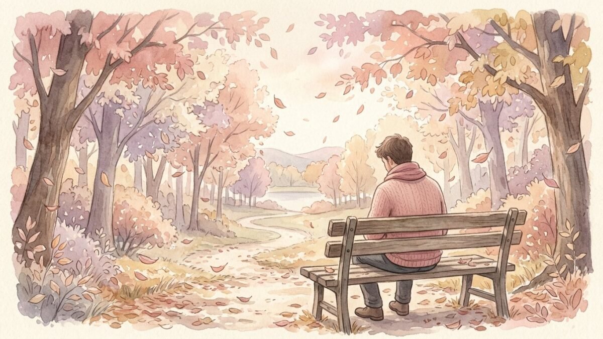 A man seen from behind sitting on a park bench deep in thought, autumn leaves falling, soft watercolour illustration