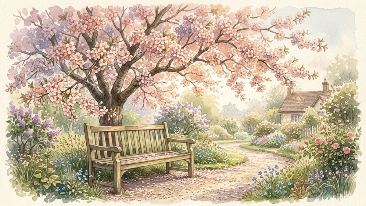 A bench under a blossom tree with an empty space waiting, spring light, soft watercolour illustration