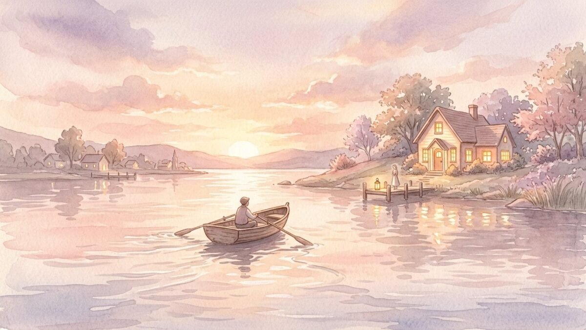 A small boat returning across a calm harbour at sunset toward a lit house, soft watercolour illustration