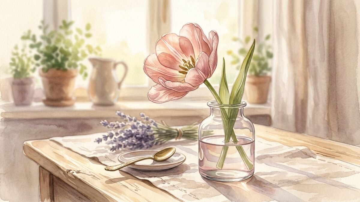 A pink tulip opening in a glass vase on a sunny kitchen table, soft watercolour illustration