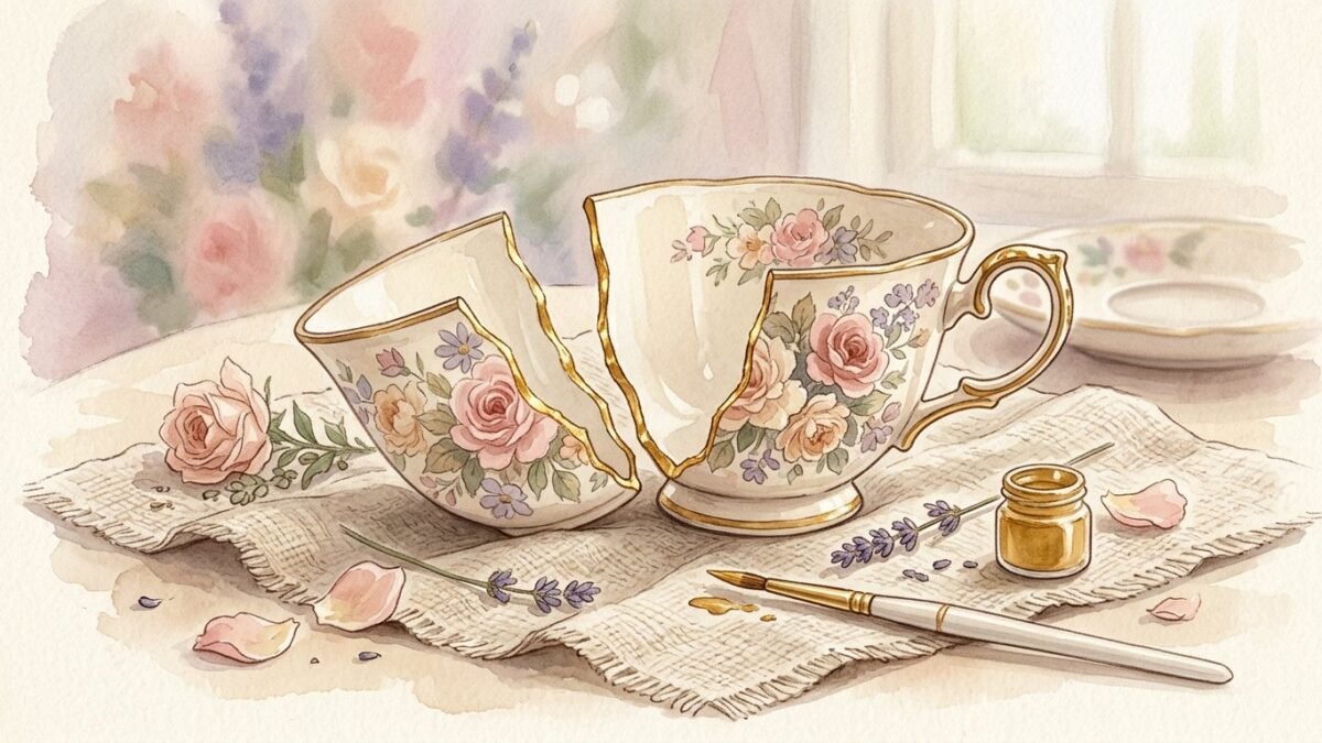 Two broken halves of a teacup being mended with gold, kintsugi style, on a linen cloth, soft watercolour illustration