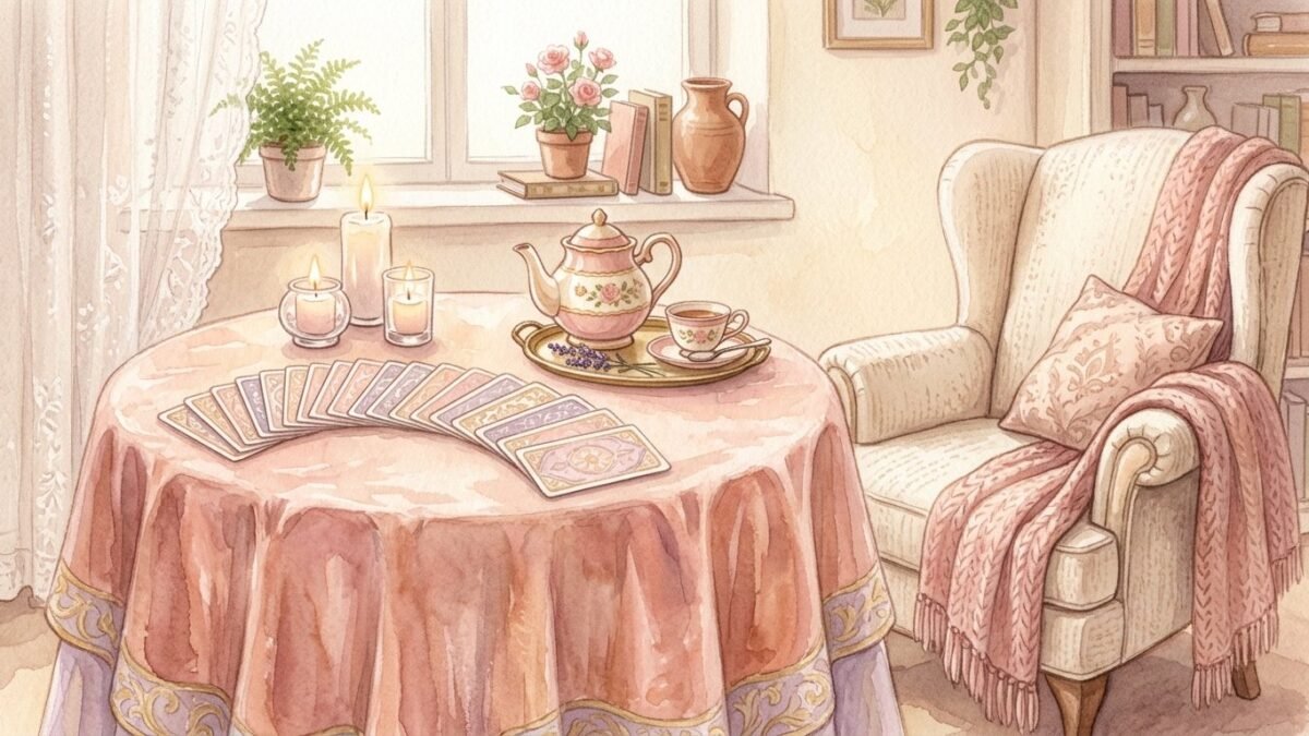 A round table with a velvet cloth, a deck of tarot cards fanned face down, candles and a teapot, an inviting empty chair, soft watercolour illustration