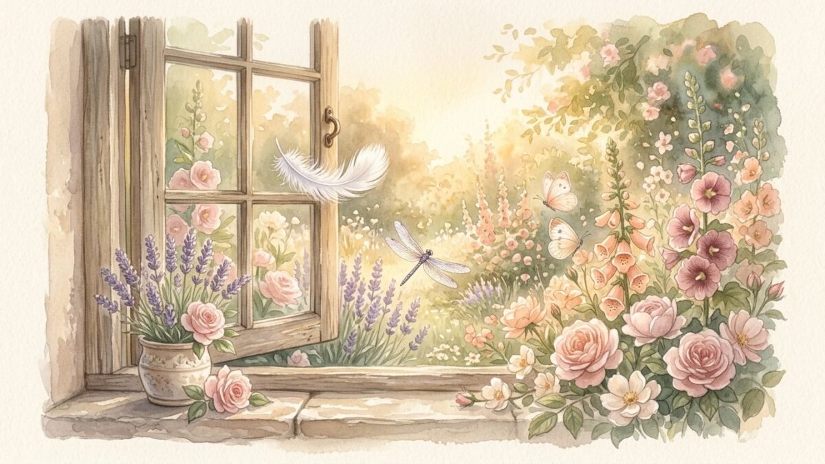A white feather drifting past an open cottage window, a dragonfly and a pale butterfly in the golden garden light beyond, soft watercolour illustration