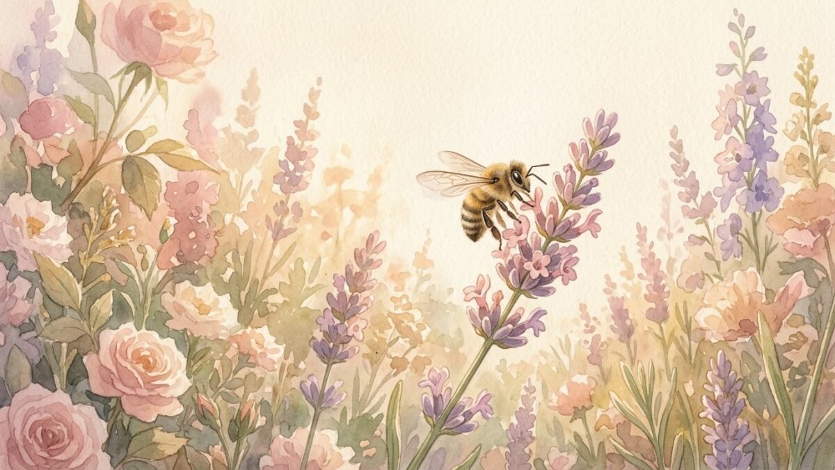 A honeybee landing on a lavender flower in a sunny cottage garden, soft watercolour illustration
