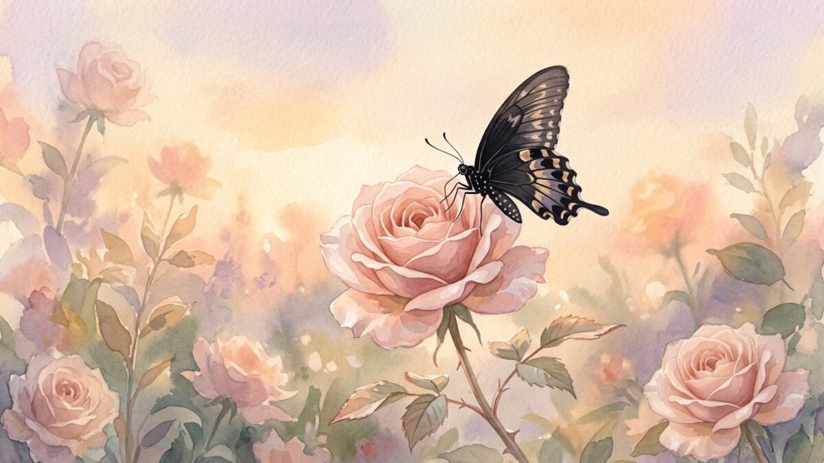 A black butterfly resting on a pale pink rose at dusk, soft watercolour illustration