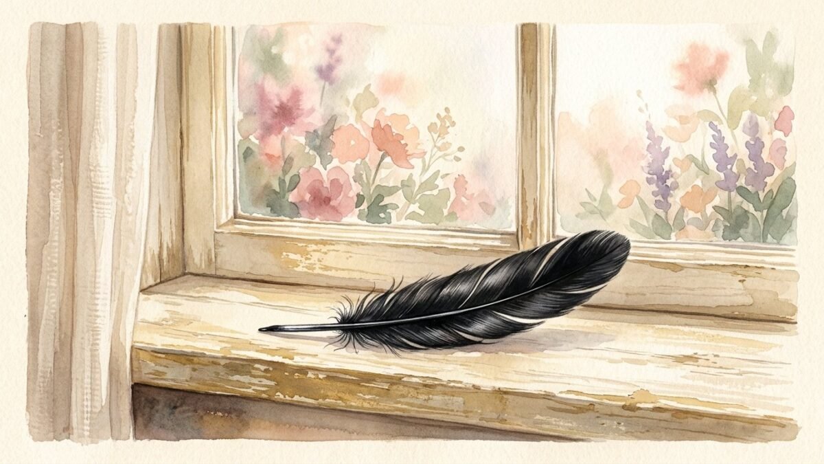 A single glossy black feather lying on a windowsill in morning light, soft watercolour illustration