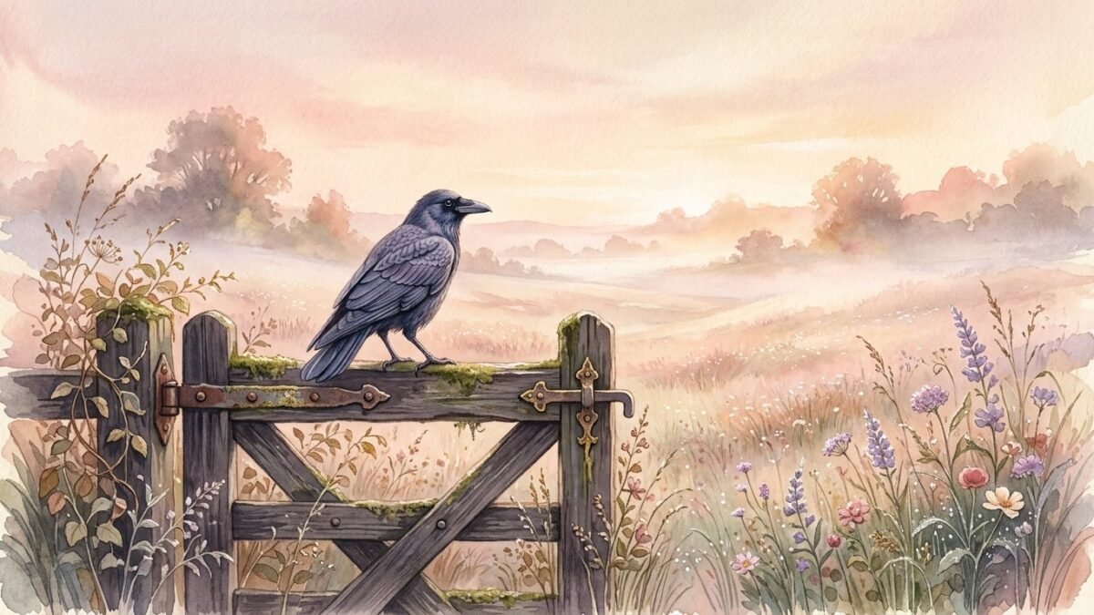 A crow perched on a garden gate at dawn, misty meadow behind it, soft watercolour illustration