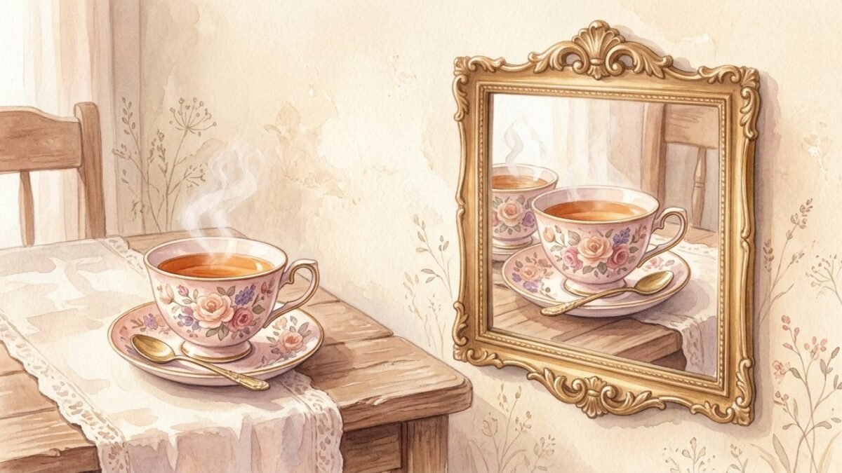 Two identical cups of tea on a table reflected in a mirror, dreamy repetition, soft light, soft watercolour illustration