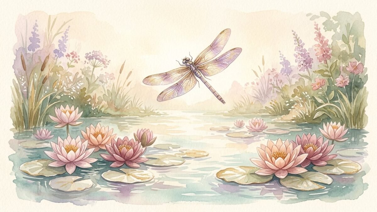A shimmering dragonfly hovering over a pond with water lilies, soft watercolour illustration