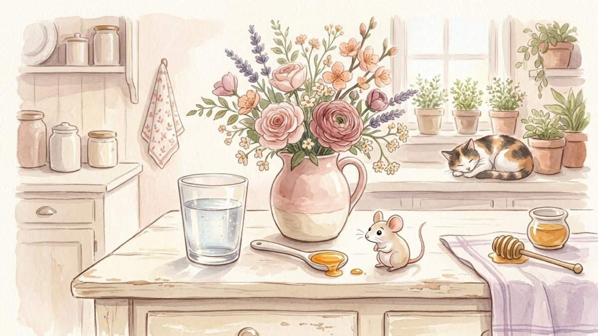 A glass of water and a spoon of honey on a kitchen counter with a small vase of flowers, gentle humour, soft watercolour illustration