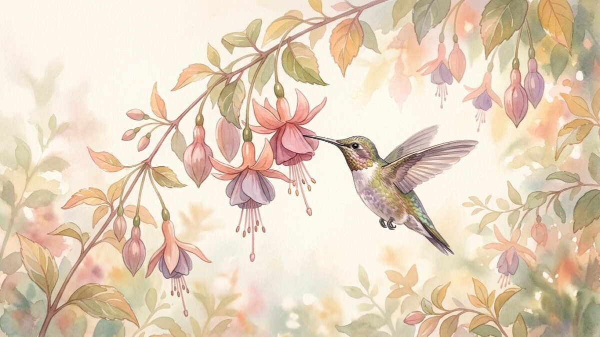 A tiny hummingbird drinking from a pink fuchsia flower, soft watercolour illustration