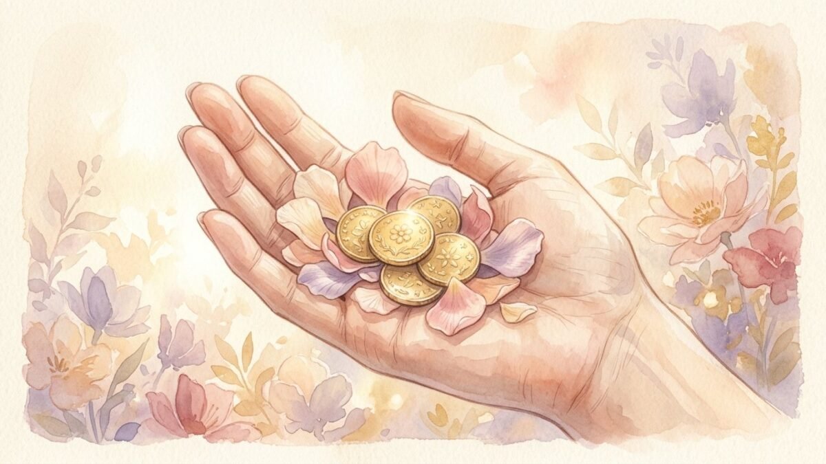 An open palm with a few golden coins and flower petals resting in it, soft watercolour illustration