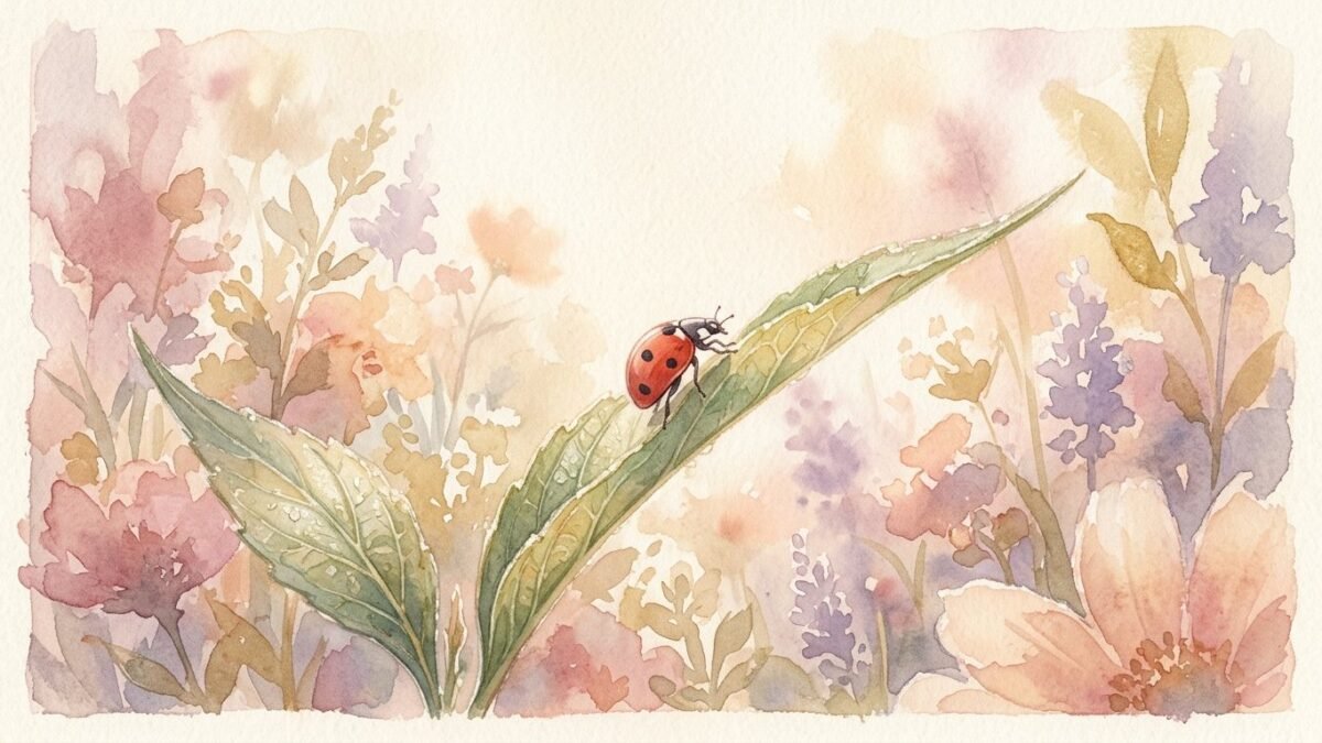 A red ladybug climbing a green leaf in a sunlit garden, soft watercolour illustration