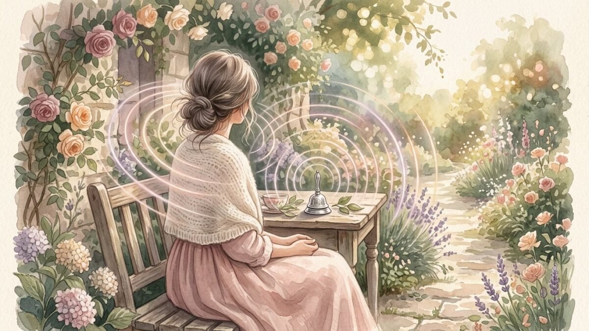 A woman seen from behind listening, a small silver bell and soft sound ripples in the air around her, soft watercolour illustration