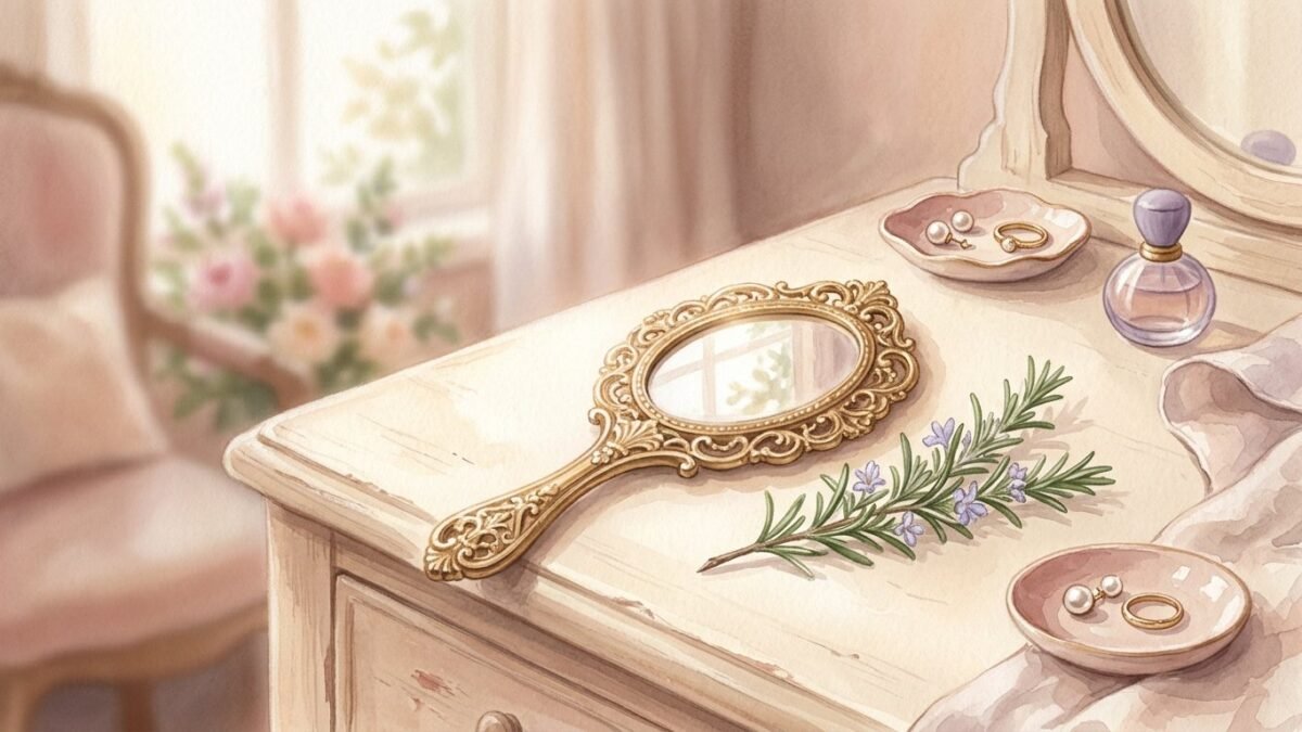 A delicate hand mirror on a dressing table catching soft morning light, a sprig of rosemary beside it, soft watercolour illustration