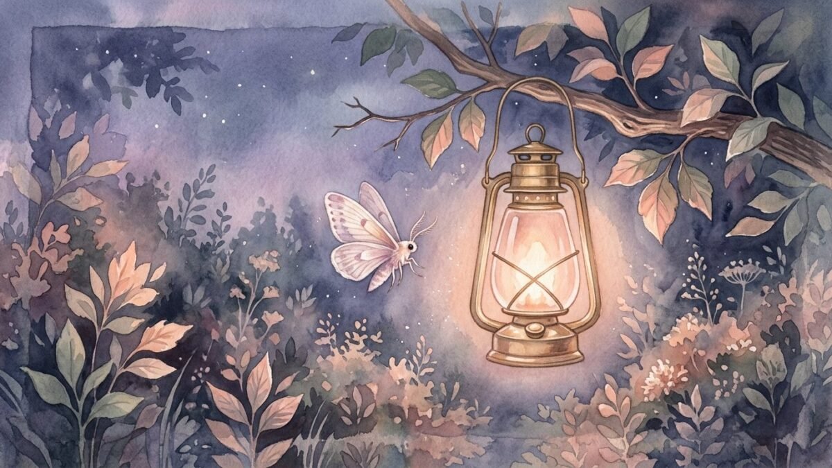 A pale moth drawn toward a glowing lantern on a summer night, soft watercolour illustration
