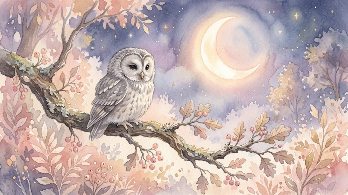 A soft grey owl perched on a moonlit branch, soft watercolour illustration