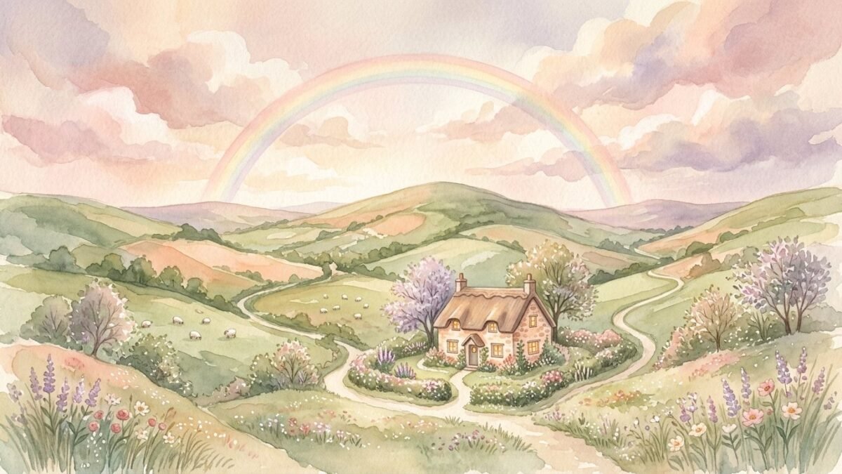 A soft rainbow over green hills after rain, a small cottage below, soft watercolour illustration