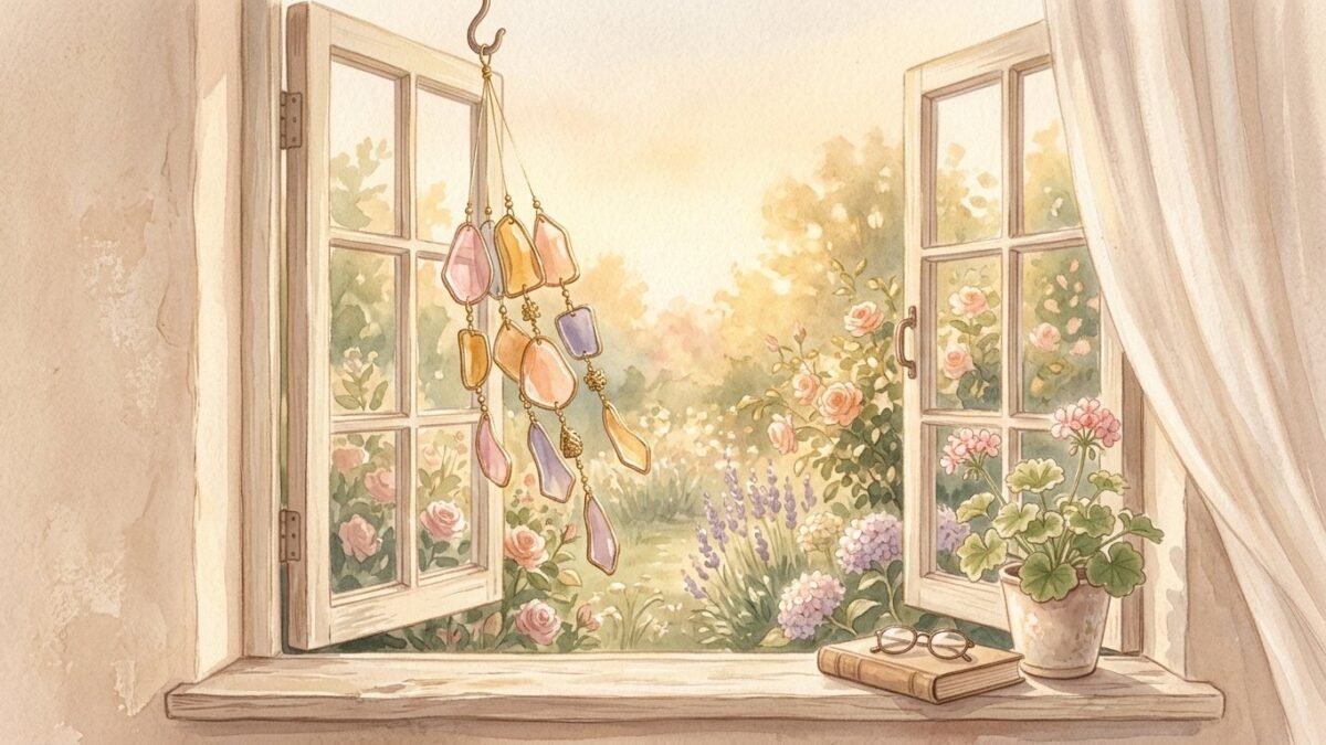 Wind chimes of glass hanging by an open window, soft sound in the golden air, soft watercolour illustration