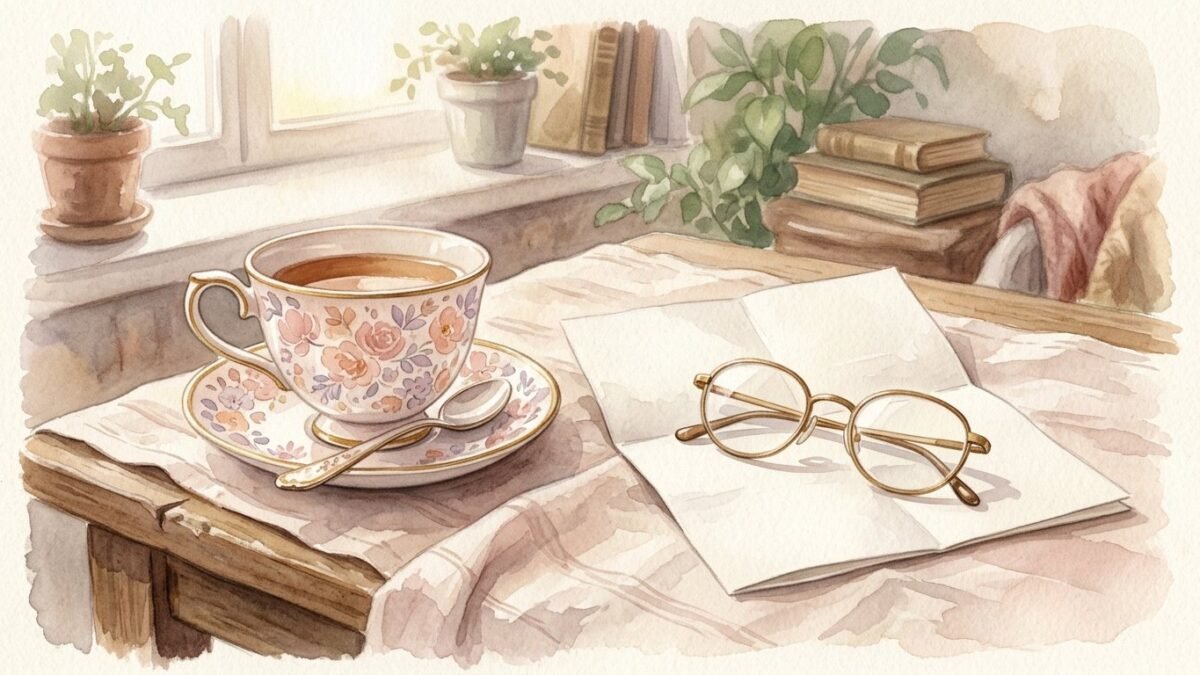 A pair of reading glasses resting on a folded letter beside a teacup in morning light, soft watercolour illustration