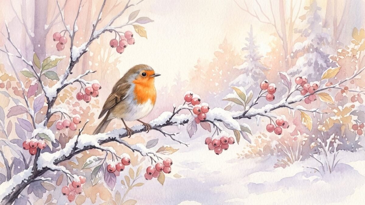 A robin perched on a snowy branch with red berries, soft watercolour illustration