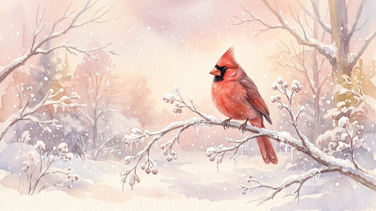 A red cardinal on a winter branch with soft snowfall, soft watercolour illustration