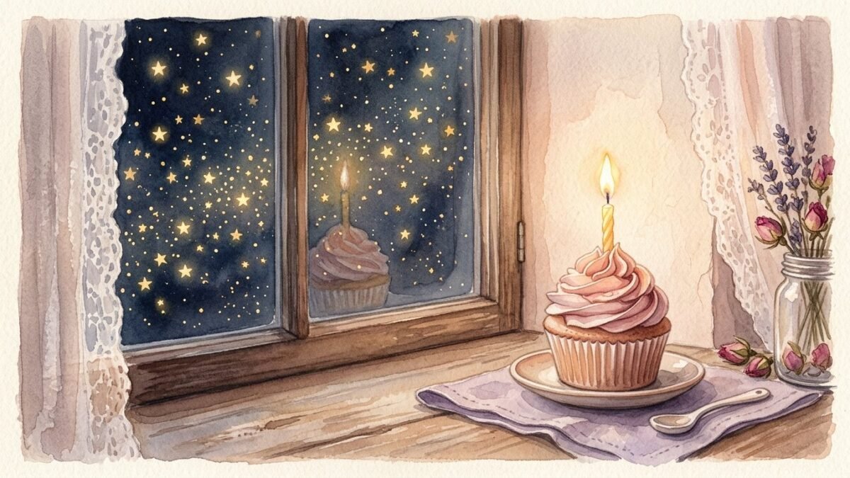 A small birthday candle glowing on a cupcake beside a window full of golden stars, soft watercolour illustration