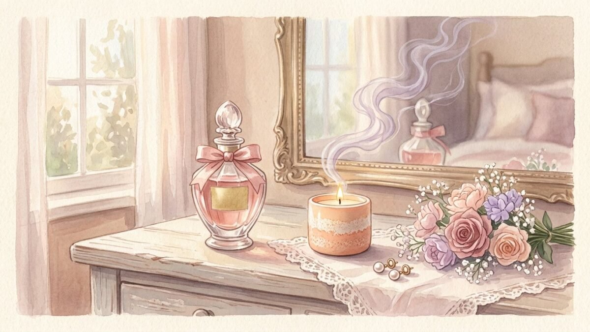 A perfume bottle and a wisp of fragrant smoke curling from a candle on a dressing table, soft watercolour illustration
