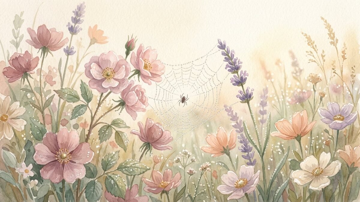 A small spider spinning a web between flowers in the morning dew, soft watercolour illustration