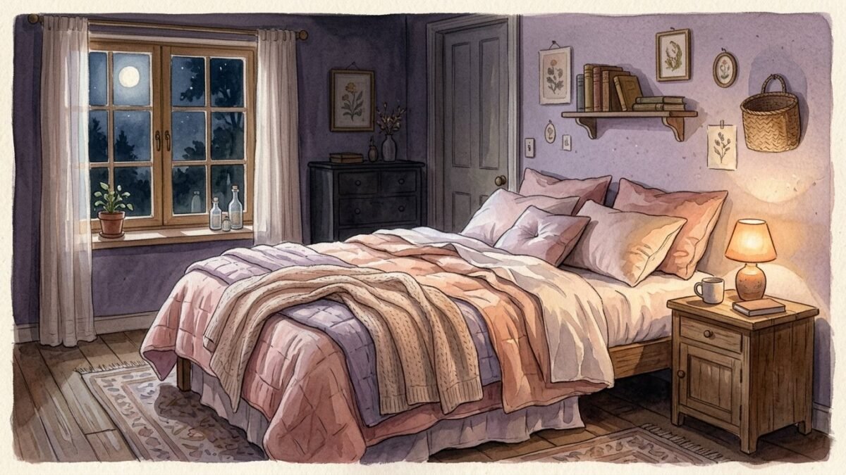 A dark cosy bedroom at night with moonlight across the bed and a small glowing bedside lamp, soft watercolour illustration