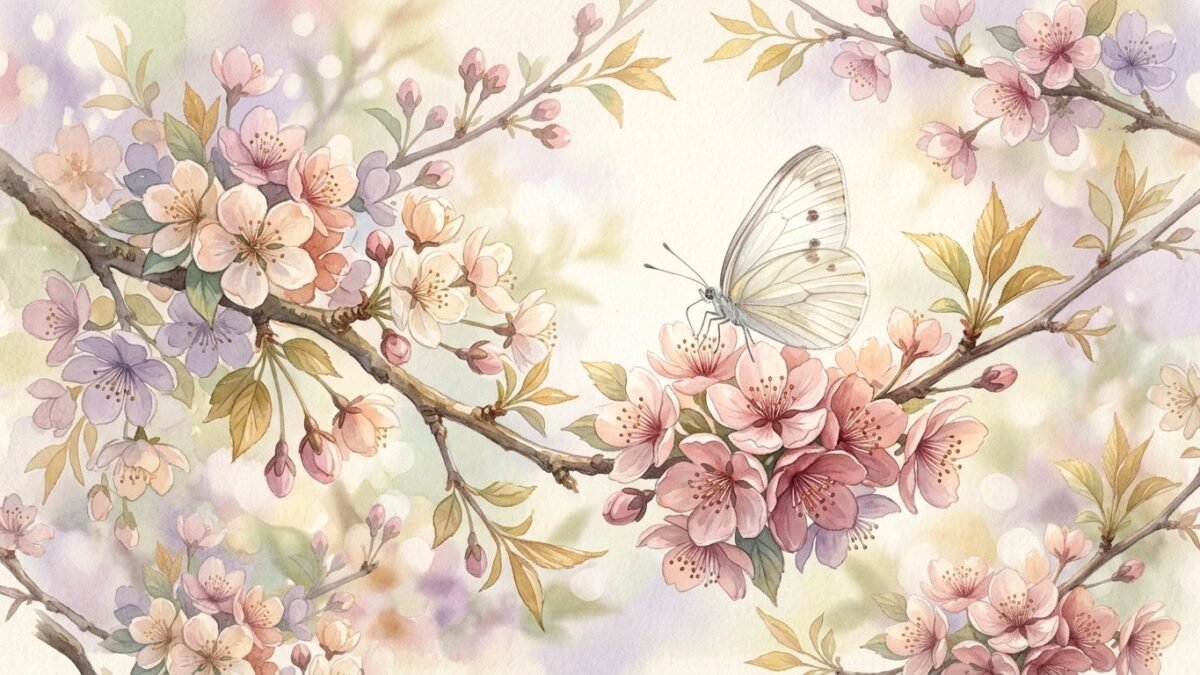 A white butterfly resting on a blossom branch in spring light, soft watercolour illustration