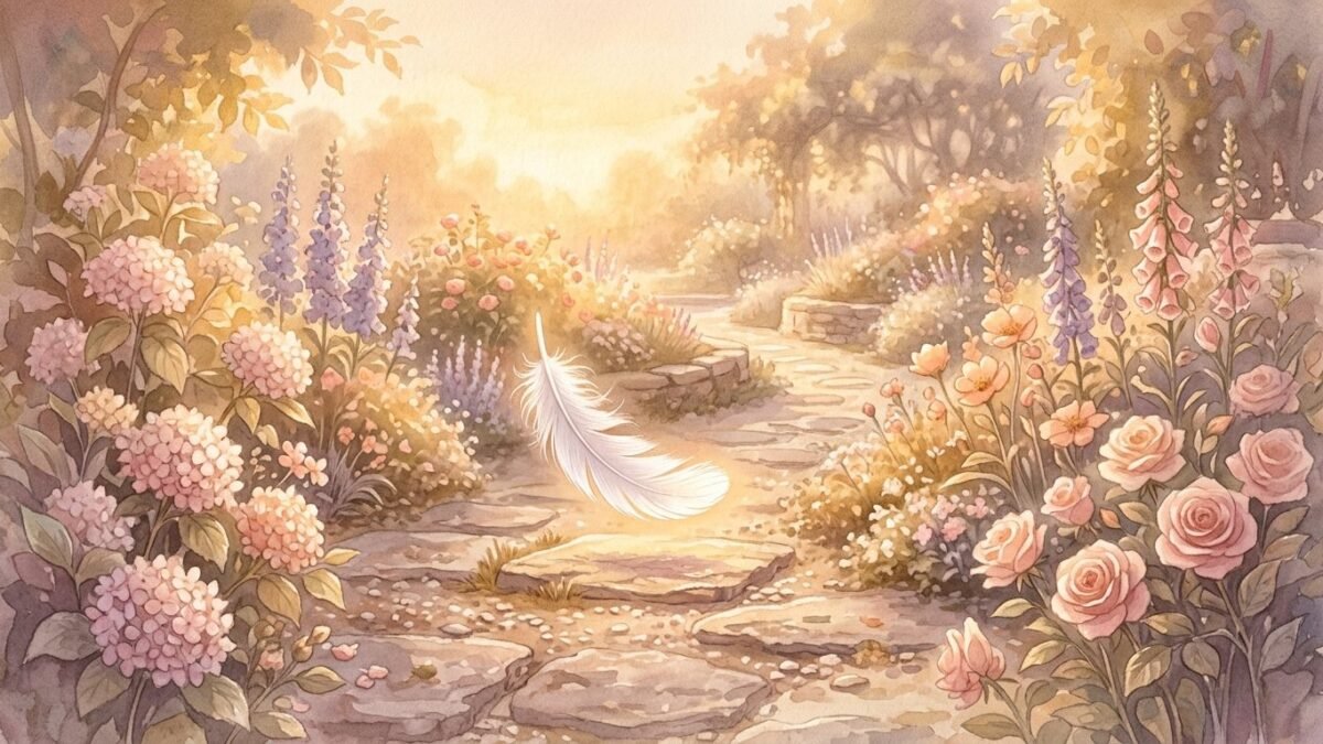 A single white feather drifting down onto a garden path in golden light, soft watercolour illustration