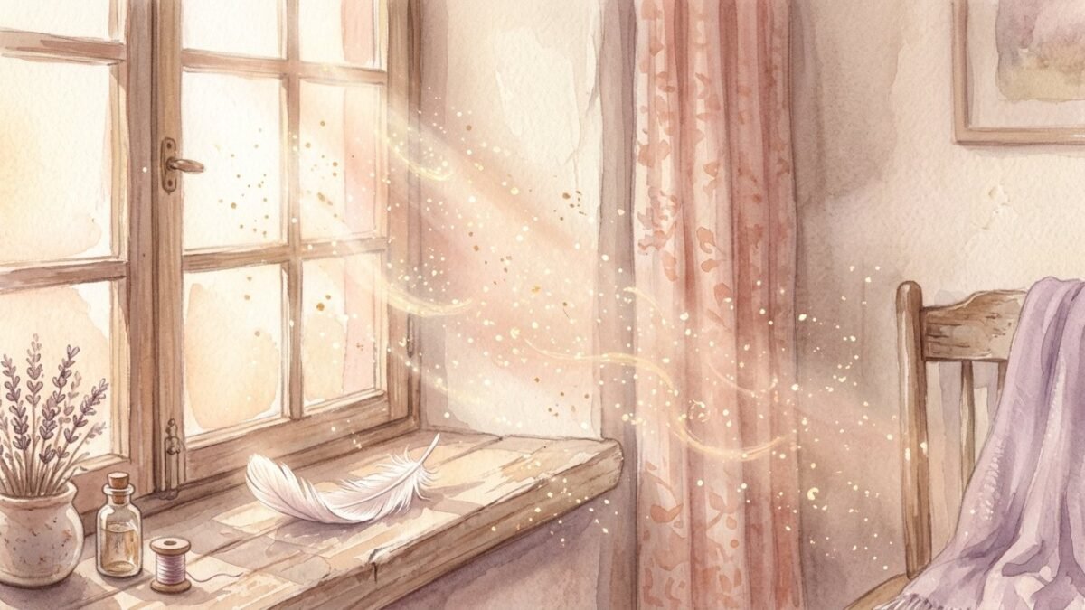 Soft golden sparkles swirling in a sunbeam through a window, a feather on the sill, soft watercolour illustration