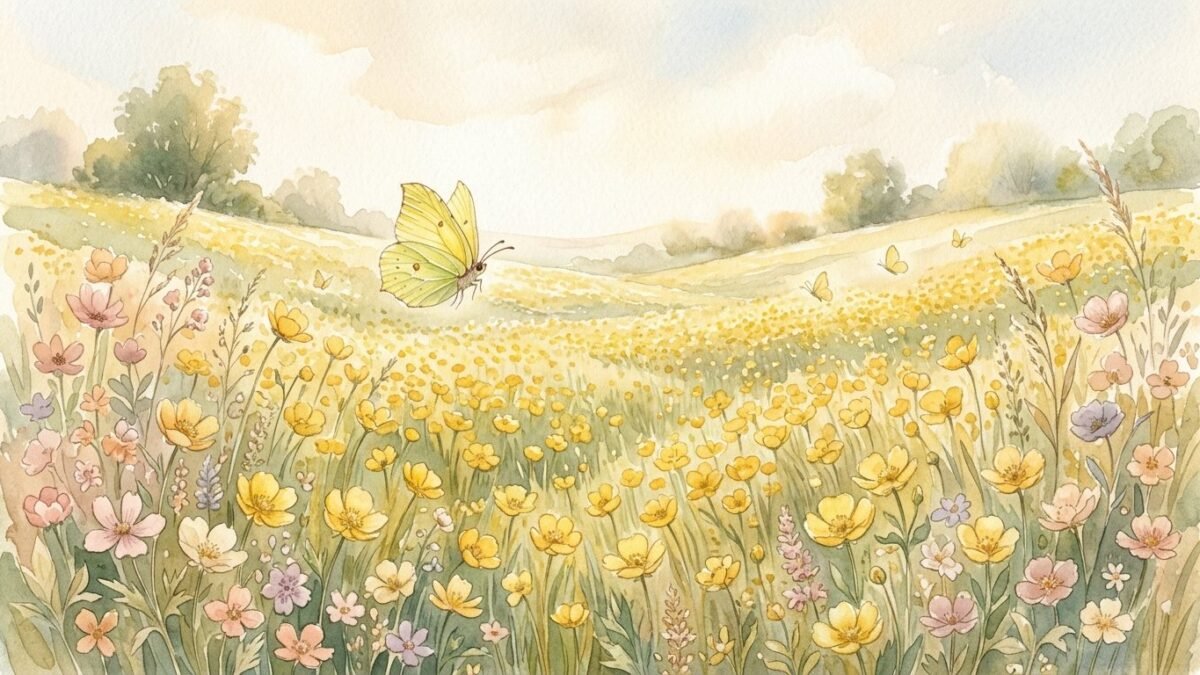A yellow butterfly over a field of buttercups in summer light, soft watercolour illustration