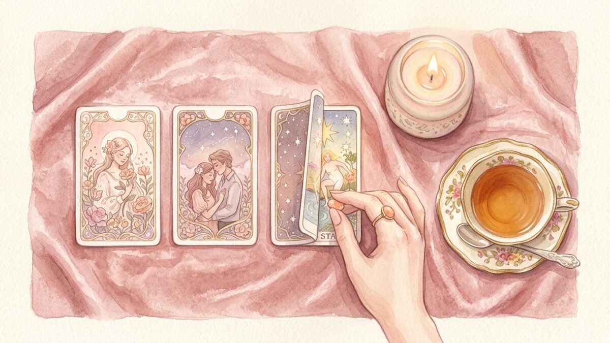 Seen from above, a hand turning over the third card of a three card tarot spread on a pink velvet cloth, a candle and tea nearby, soft watercolour illustration