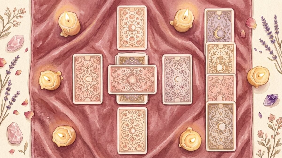 Ten tarot cards laid in a celtic cross pattern face down on a velvet cloth, candles around, seen from above, soft watercolour illustration