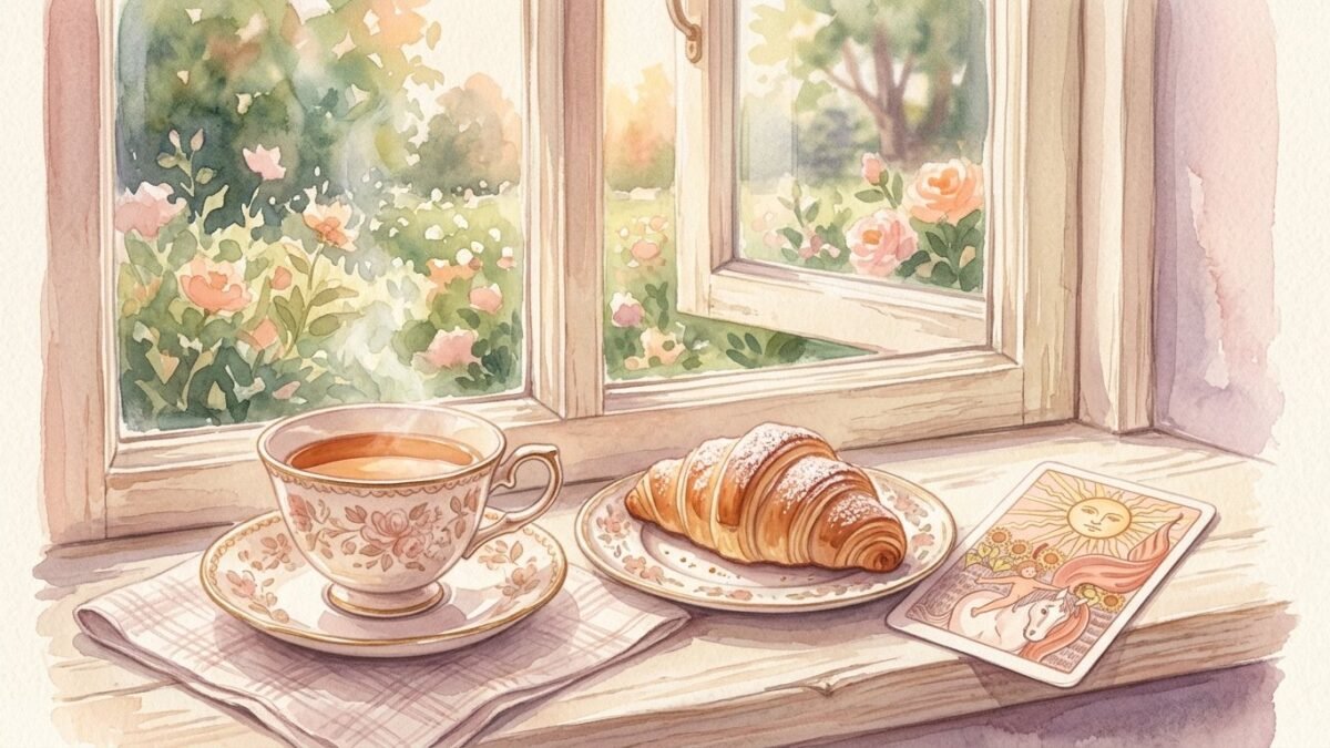 A single tarot card beside a morning cup of tea and a croissant on a sunny windowsill, soft watercolour illustration