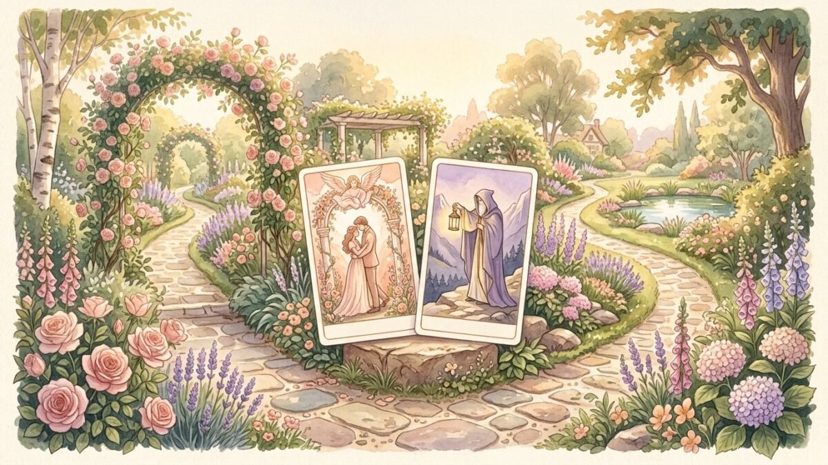 Two tarot cards placed at a fork in a painted garden path, soft morning light, soft watercolour illustration