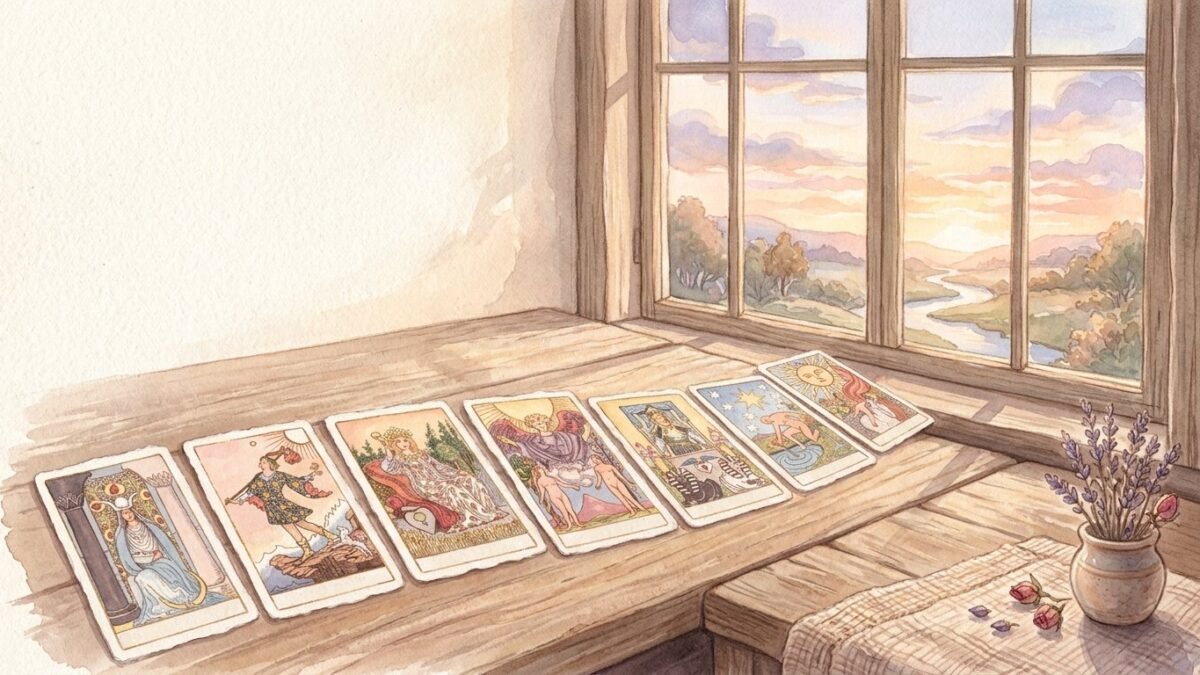 Tarot cards laid in a line leading toward a window full of dawn light, soft watercolour illustration