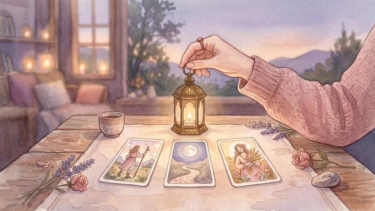 A hand holding a small lantern above three tarot cards on a table in the dusk, soft watercolour illustration