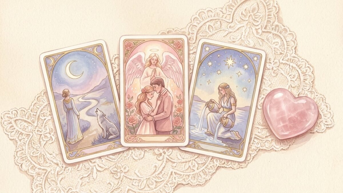 Three tarot cards beside a heart shaped rose quartz on a lace cloth, soft watercolour illustration