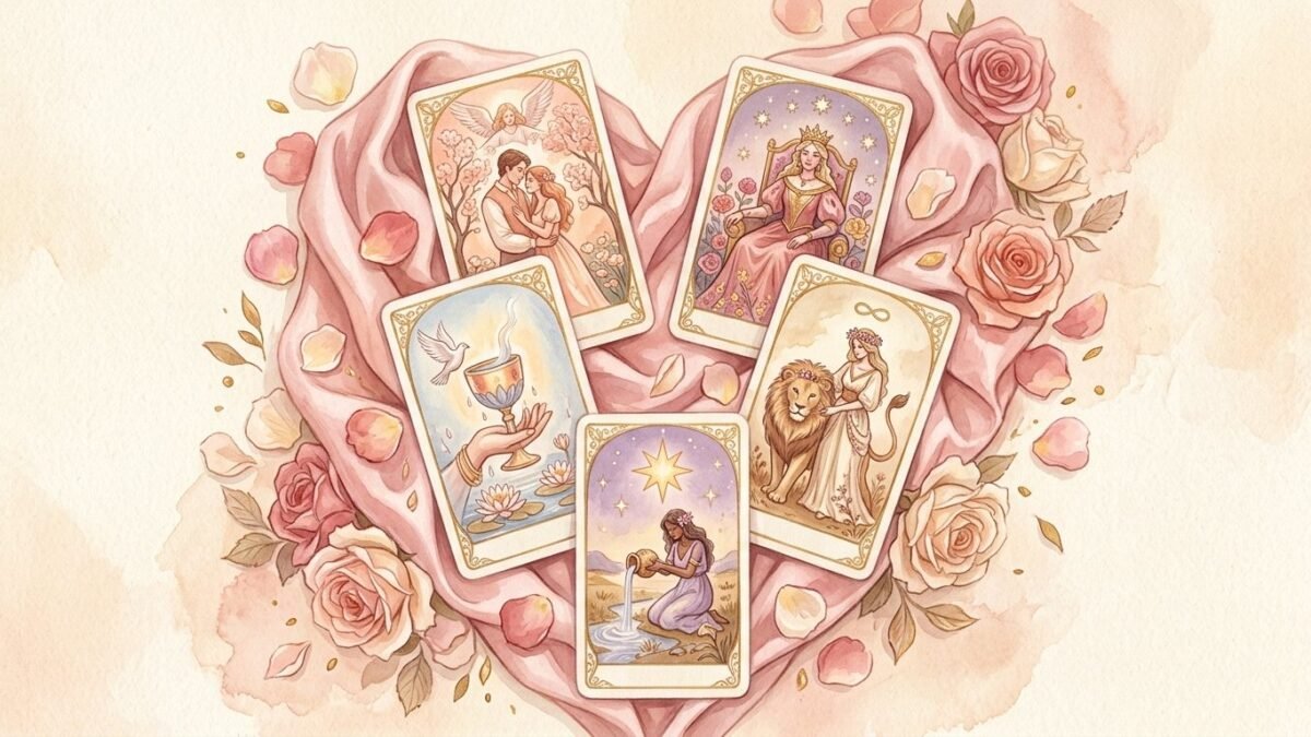 Five tarot cards laid in a heart shape on pink silk with rose petals, soft watercolour illustration