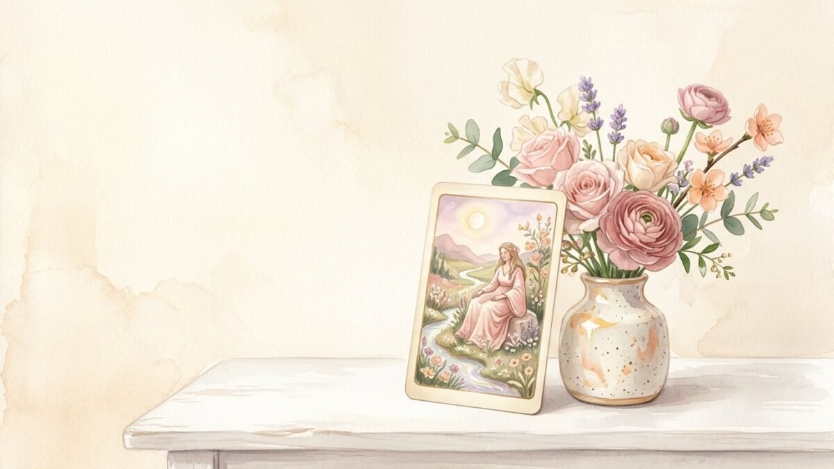 One tarot card standing alone against a small vase of flowers on a white table, soft watercolour illustration