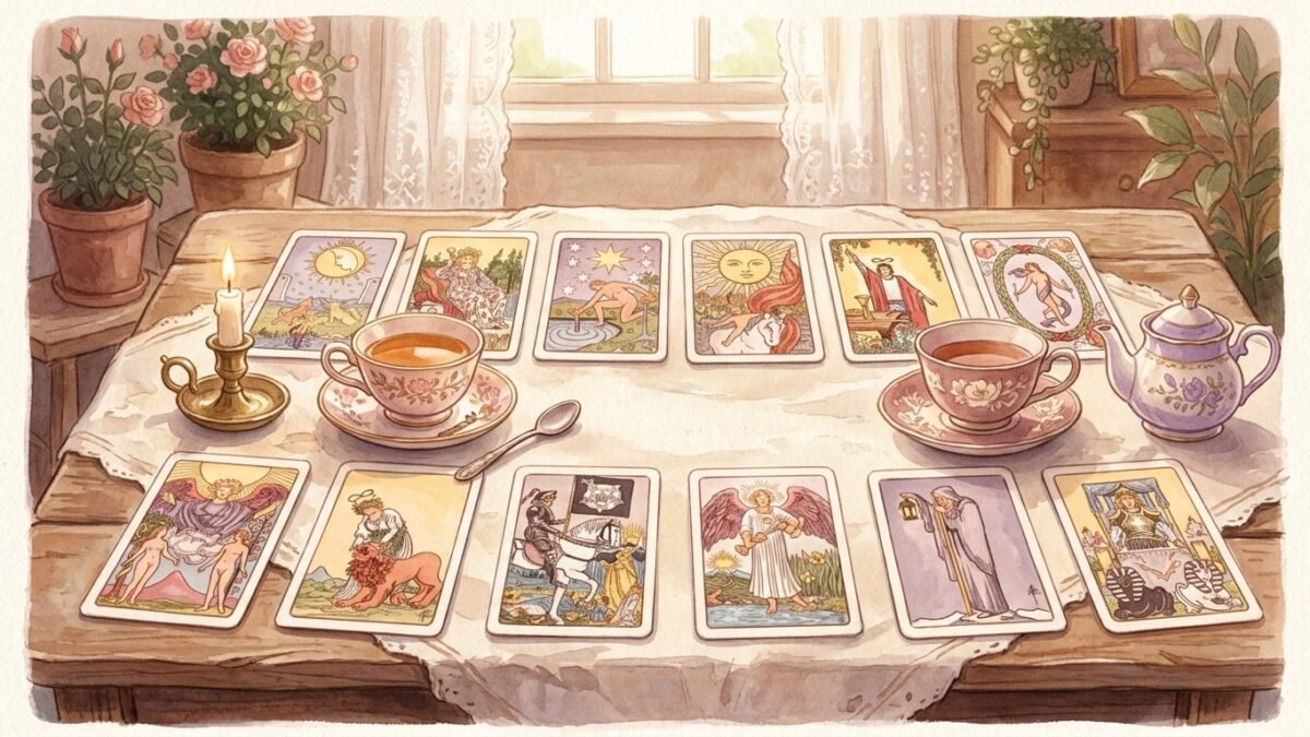 Two rows of tarot cards facing each other on a table with two teacups, soft watercolour illustration